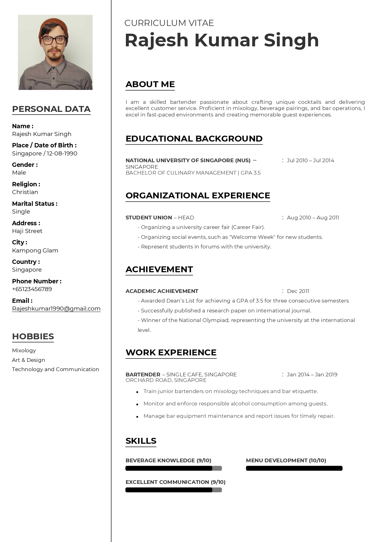 Bartender CV Example