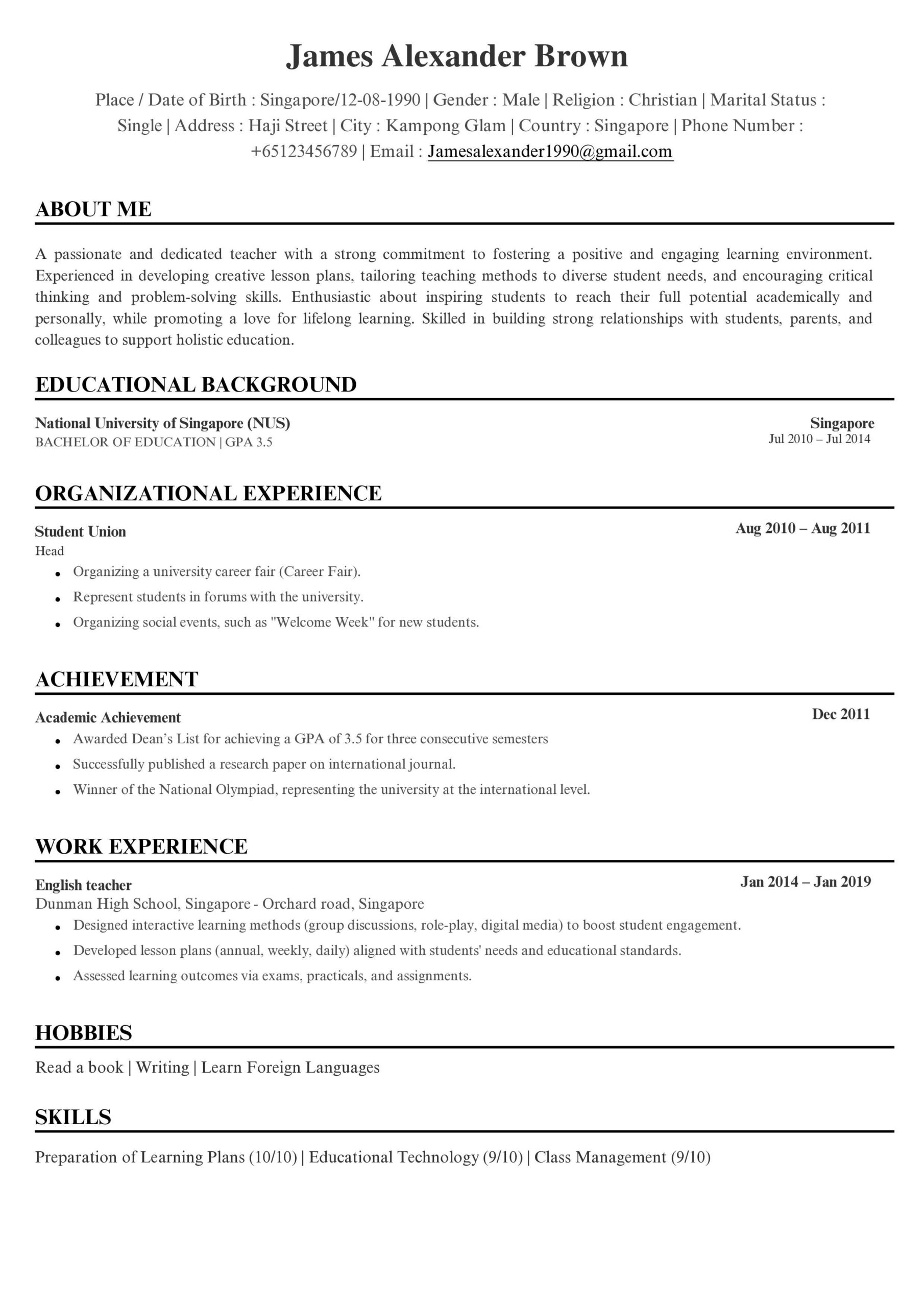 CV Example Teacher