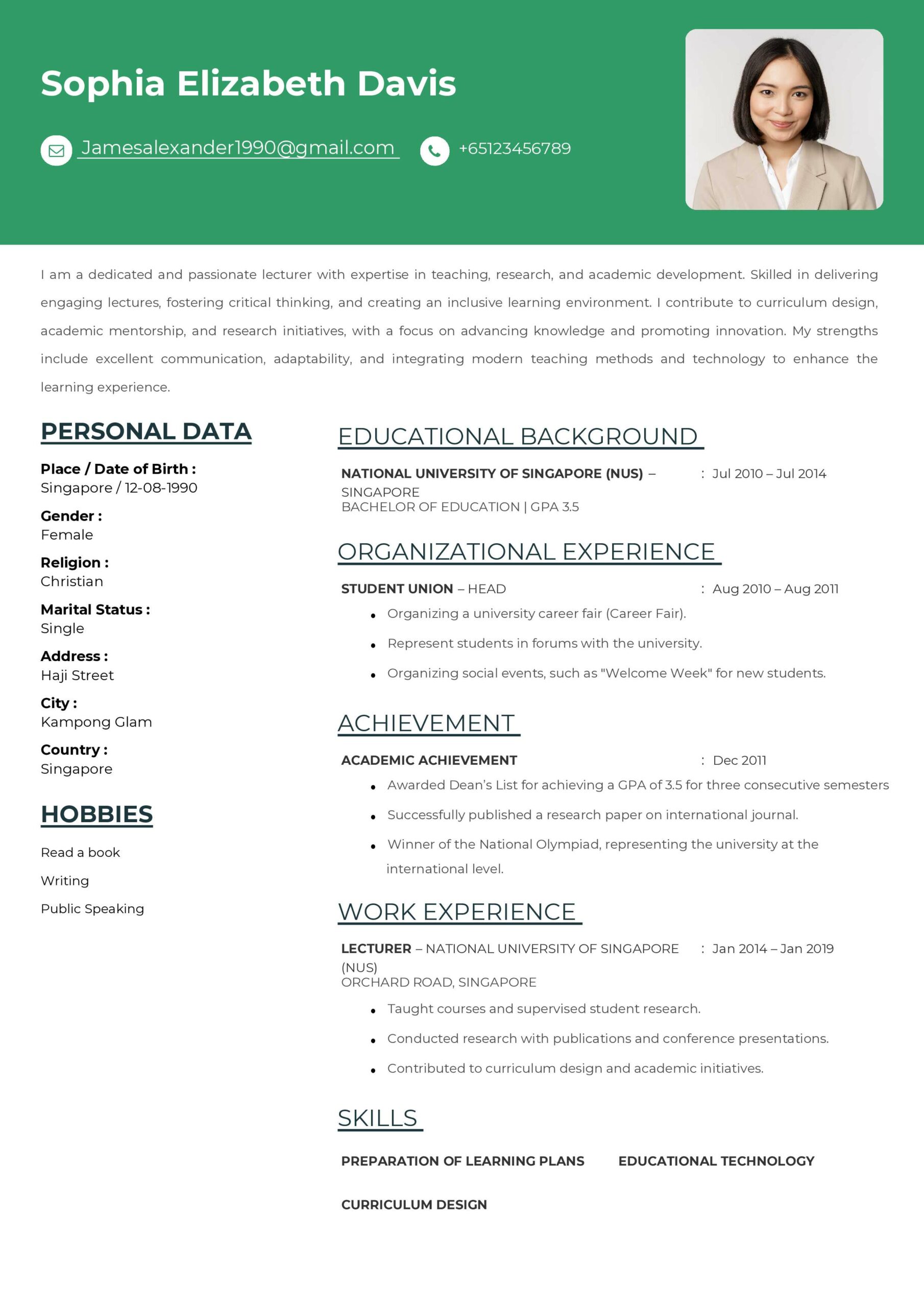 Lecturer CV Example